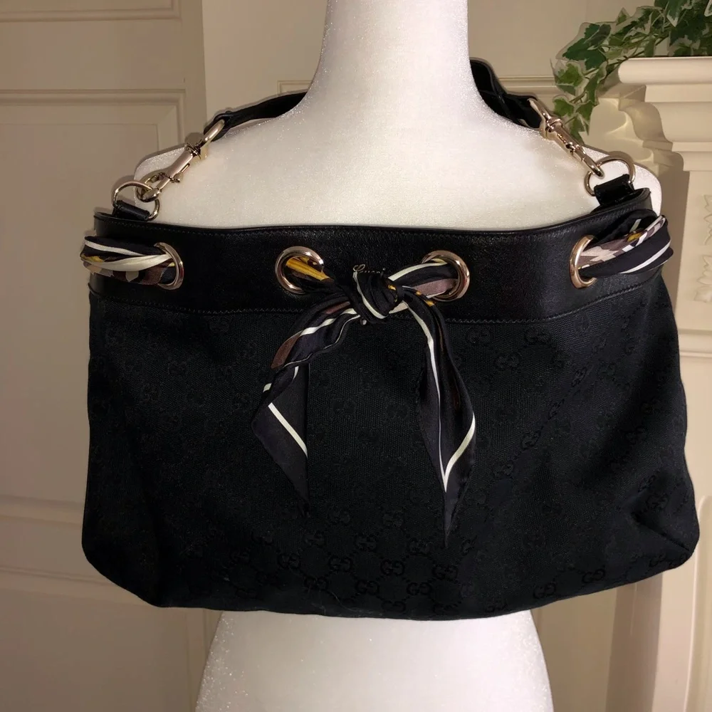 Gucci Scarf Trim Black Canvas Bag - Picture 2 of 12